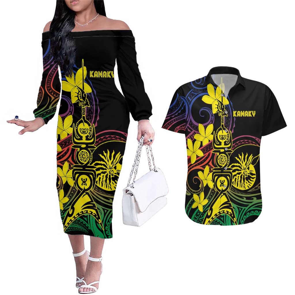 New Caledonia Kanaky Personalized Couples Matching Off The Shoulder Long Sleeve Dress and Hawaiian Shirt Fleche Faitiere - Plumeria LT7 Colorful - Polynesian Pride