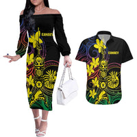 New Caledonia Kanaky Personalized Couples Matching Off The Shoulder Long Sleeve Dress and Hawaiian Shirt Fleche Faitiere - Plumeria LT7 Colorful - Polynesian Pride