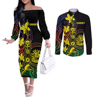 New Caledonia Kanaky Personalized Couples Matching Off The Shoulder Long Sleeve Dress and Long Sleeve Button Shirt Fleche Faitiere - Plumeria LT7 Colorful - Polynesian Pride