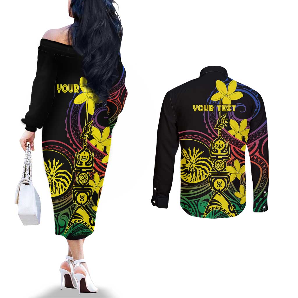 New Caledonia Kanaky Personalized Couples Matching Off The Shoulder Long Sleeve Dress and Long Sleeve Button Shirt Fleche Faitiere - Plumeria LT7 - Polynesian Pride