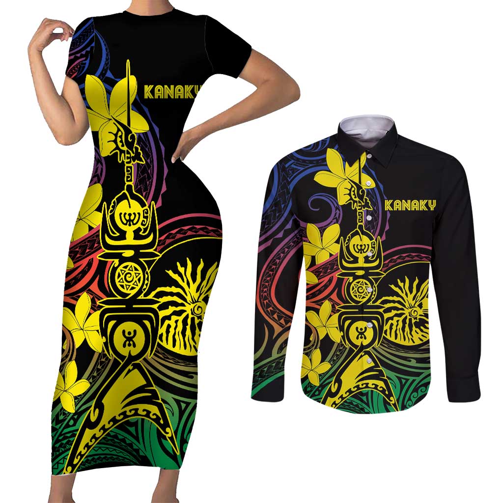 New Caledonia Kanaky Personalized Couples Matching Short Sleeve Bodycon Dress and Long Sleeve Button Shirt Fleche Faitiere - Plumeria LT7 Colorful - Polynesian Pride