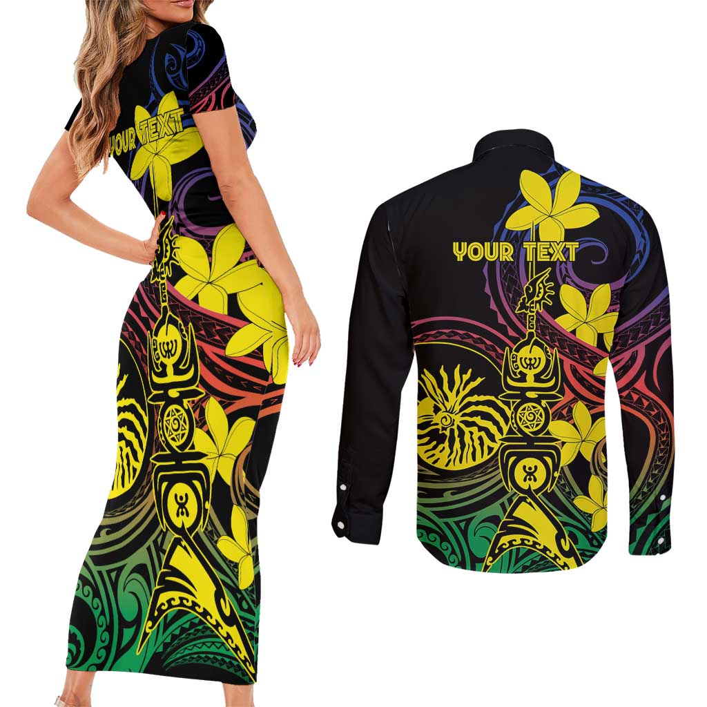 New Caledonia Kanaky Personalized Couples Matching Short Sleeve Bodycon Dress and Long Sleeve Button Shirt Fleche Faitiere - Plumeria LT7 - Polynesian Pride
