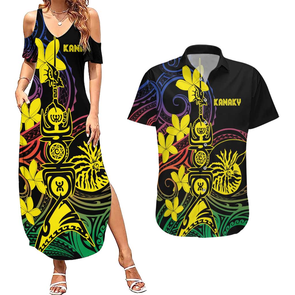 New Caledonia Kanaky Personalized Couples Matching Summer Maxi Dress and Hawaiian Shirt Fleche Faitiere - Plumeria LT7 Colorful - Polynesian Pride
