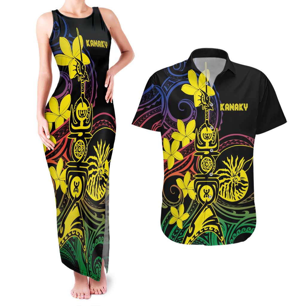 New Caledonia Kanaky Personalized Couples Matching Tank Maxi Dress and Hawaiian Shirt Fleche Faitiere - Plumeria LT7 Colorful - Polynesian Pride