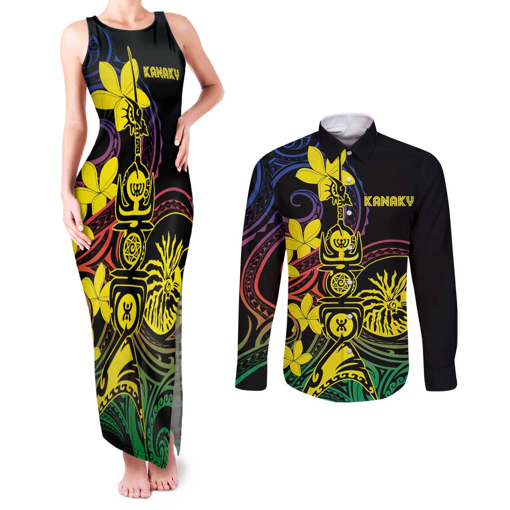 New Caledonia Kanaky Personalized Couples Matching Tank Maxi Dress and Long Sleeve Button Shirt Fleche Faitiere - Plumeria LT7 Colorful - Polynesian Pride
