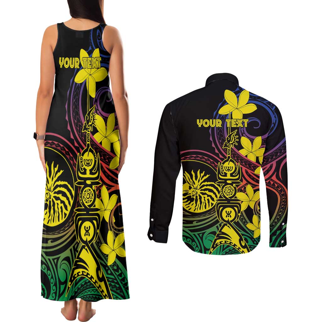 New Caledonia Kanaky Personalized Couples Matching Tank Maxi Dress and Long Sleeve Button Shirt Fleche Faitiere - Plumeria LT7 - Polynesian Pride