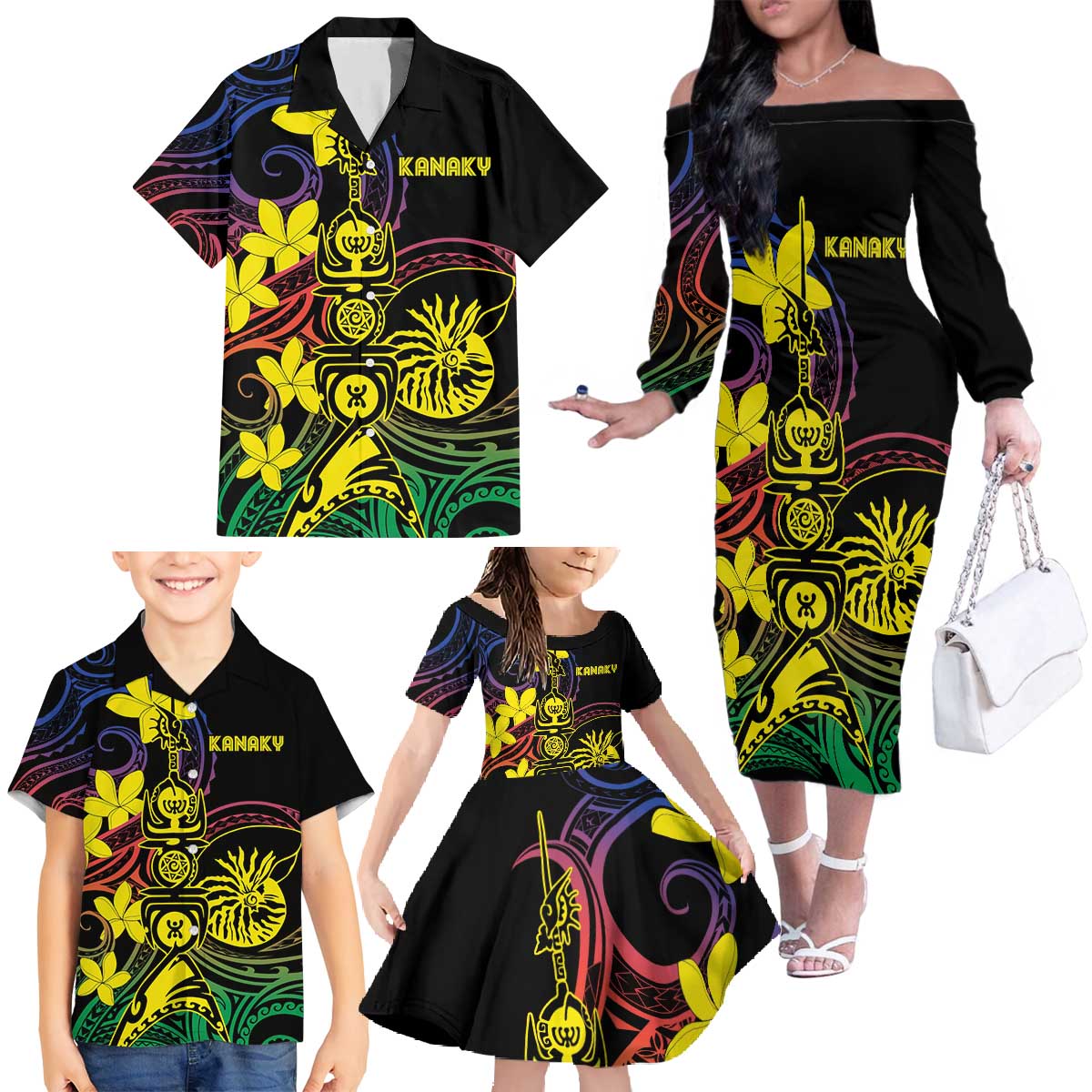 New Caledonia Kanaky Personalized Family Matching Off The Shoulder Long Sleeve Dress and Hawaiian Shirt Fleche Faitiere - Plumeria LT7 - Polynesian Pride
