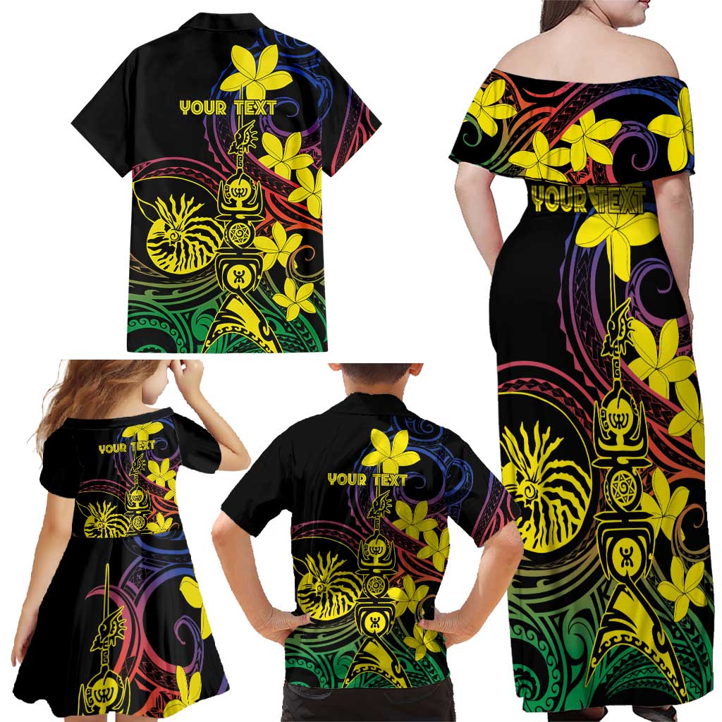 New Caledonia Kanaky Personalized Family Matching Off Shoulder Maxi Dress and Hawaiian Shirt Fleche Faitiere - Plumeria LT7 - Polynesian Pride