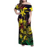 New Caledonia Kanaky Personalized Family Matching Off Shoulder Maxi Dress and Hawaiian Shirt Fleche Faitiere - Plumeria LT7 Mom's Dress Colorful - Polynesian Pride