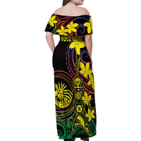 New Caledonia Kanaky Personalized Family Matching Off Shoulder Maxi Dress and Hawaiian Shirt Fleche Faitiere - Plumeria LT7 - Polynesian Pride