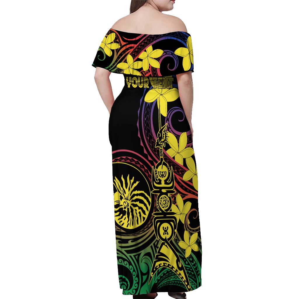 New Caledonia Kanaky Personalized Off Shoulder Maxi Dress Fleche Faitiere - Plumeria LT7 - Polynesian Pride