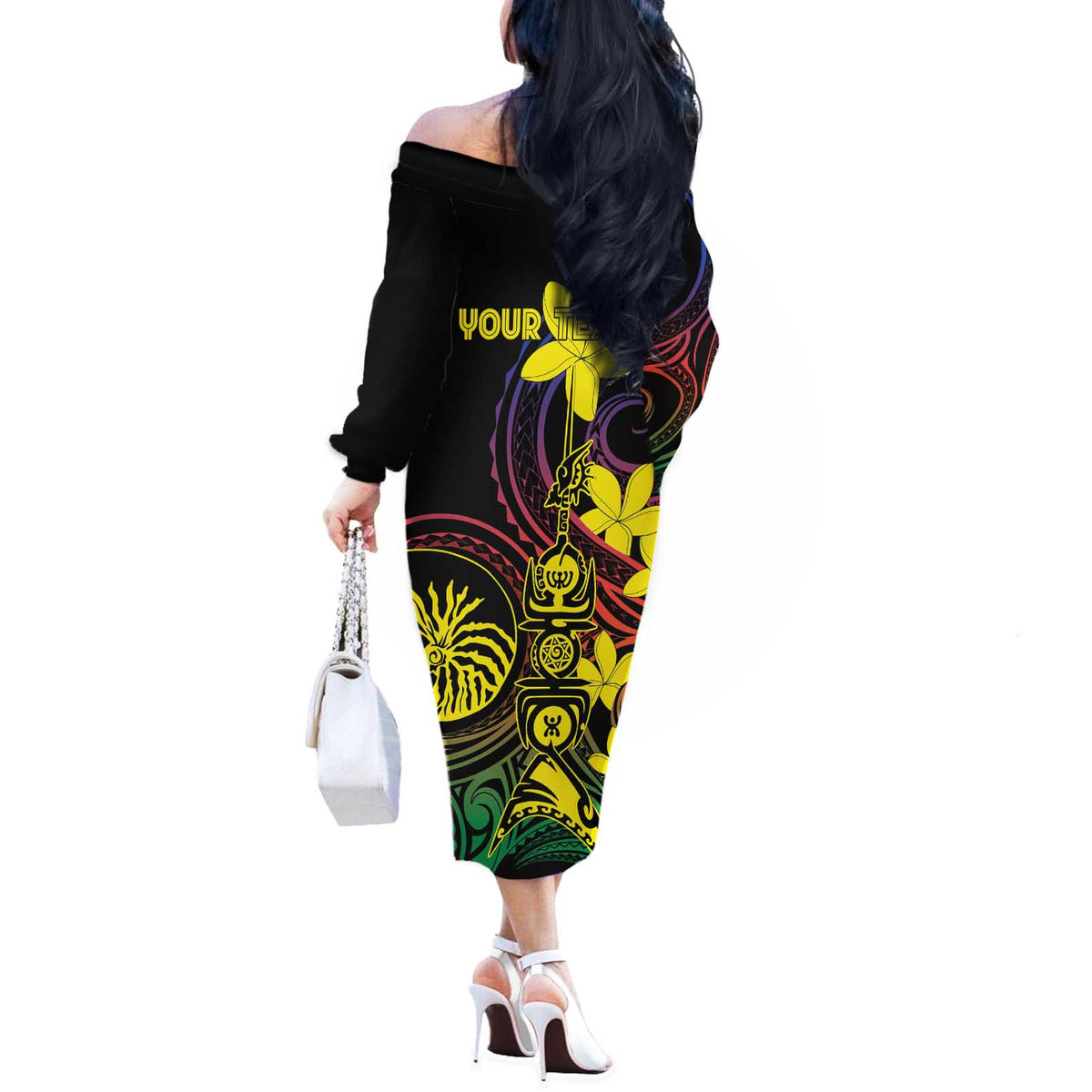 New Caledonia Kanaky Personalized Off The Shoulder Long Sleeve Dress Fleche Faitiere - Plumeria LT7 - Polynesian Pride