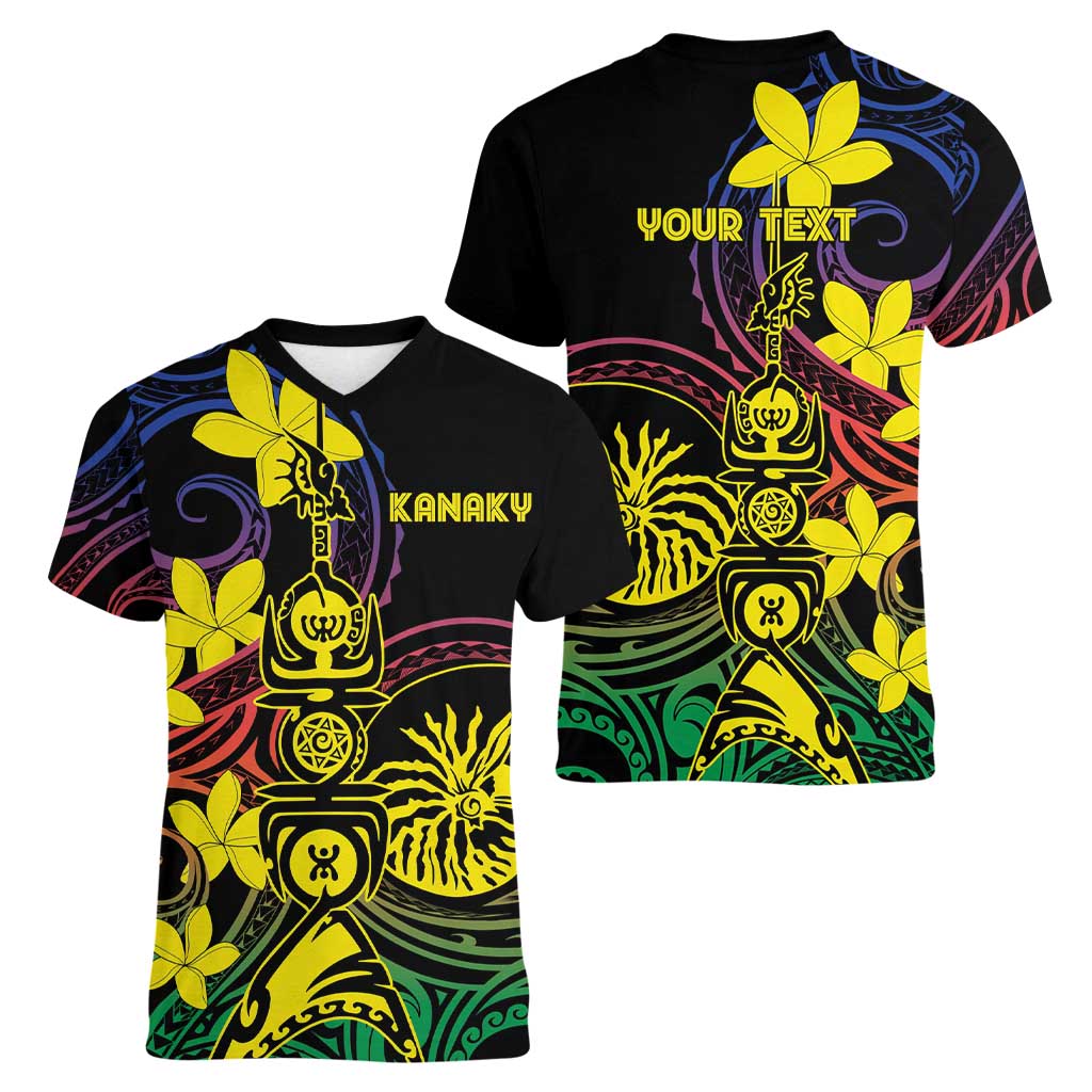 New Caledonia Kanaky Personalized Women V-Neck T-Shirt Fleche Faitiere - Plumeria LT7 - Polynesian Pride