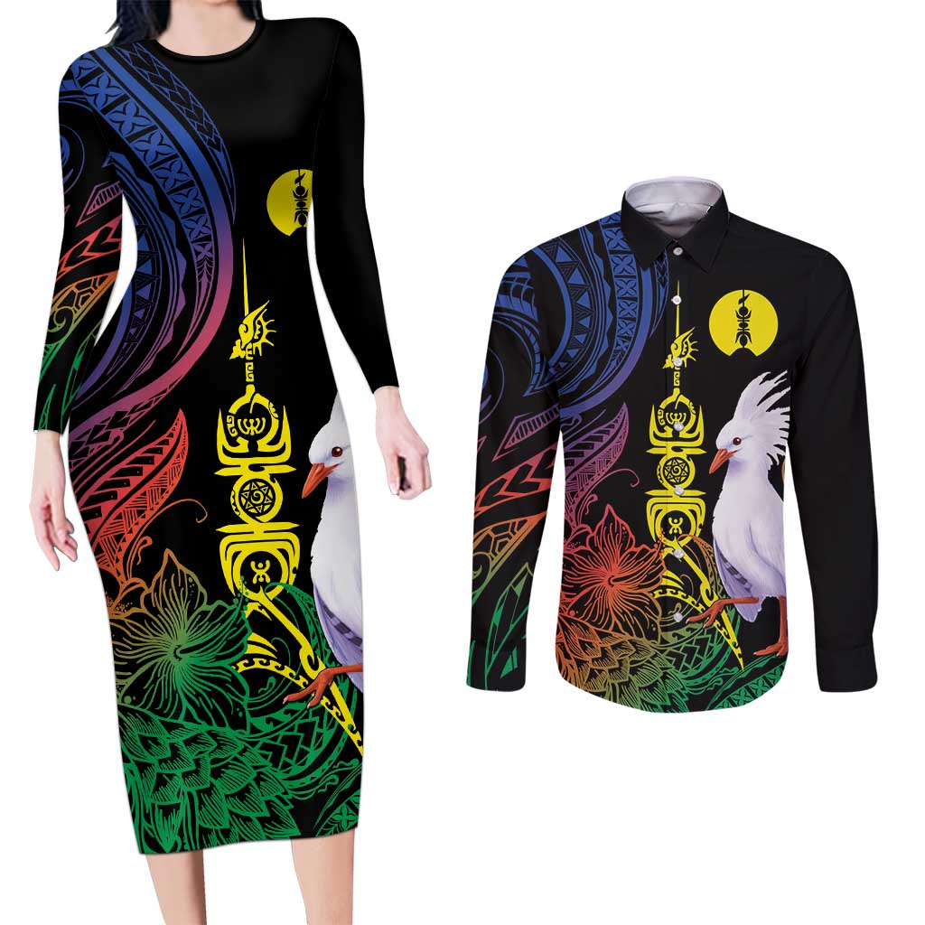 New Caledonia Kanaky Personalized Couples Matching Long Sleeve Bodycon Dress and Long Sleeve Button Shirt Fleche Faitiere Mix Kagu LT7 Colorful - Polynesian Pride