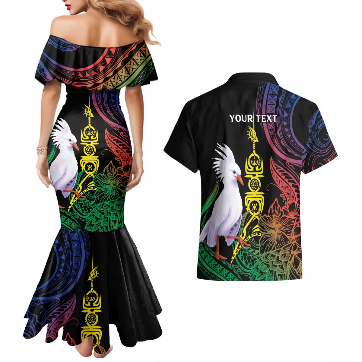 New Caledonia Kanaky Personalized Couples Matching Mermaid Dress and Hawaiian Shirt Fleche Faitiere Mix Kagu LT7 - Polynesian Pride