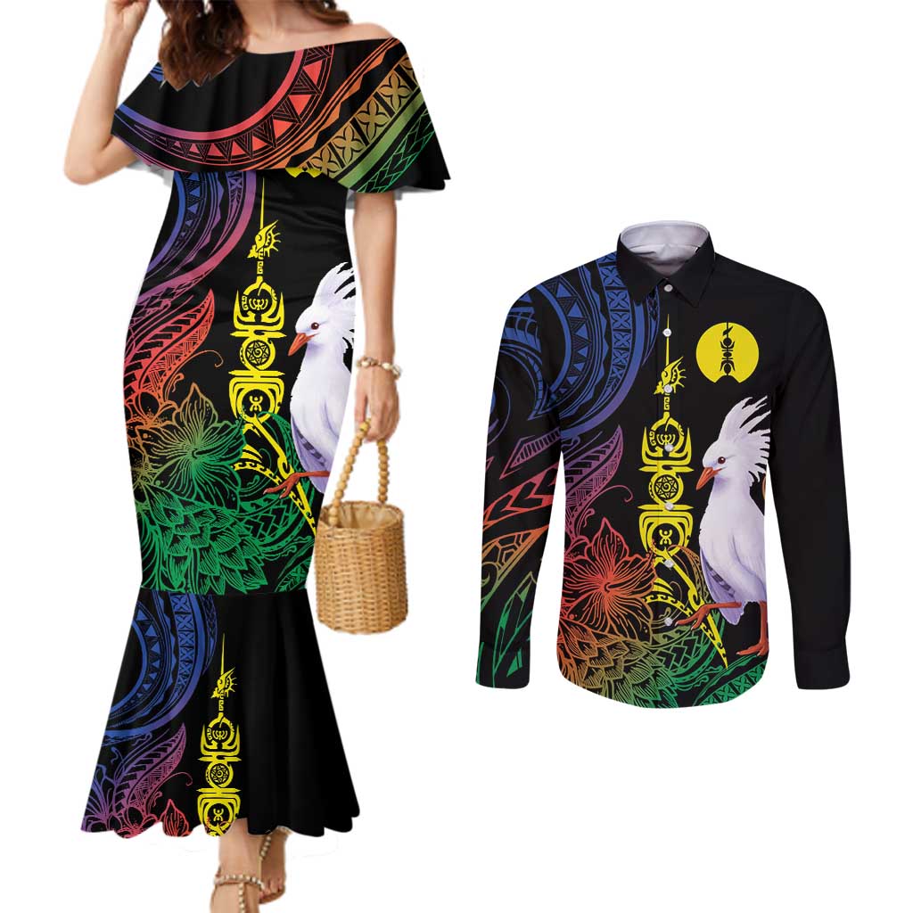 New Caledonia Kanaky Personalized Couples Matching Mermaid Dress and Long Sleeve Button Shirt Fleche Faitiere Mix Kagu LT7 Colorful - Polynesian Pride