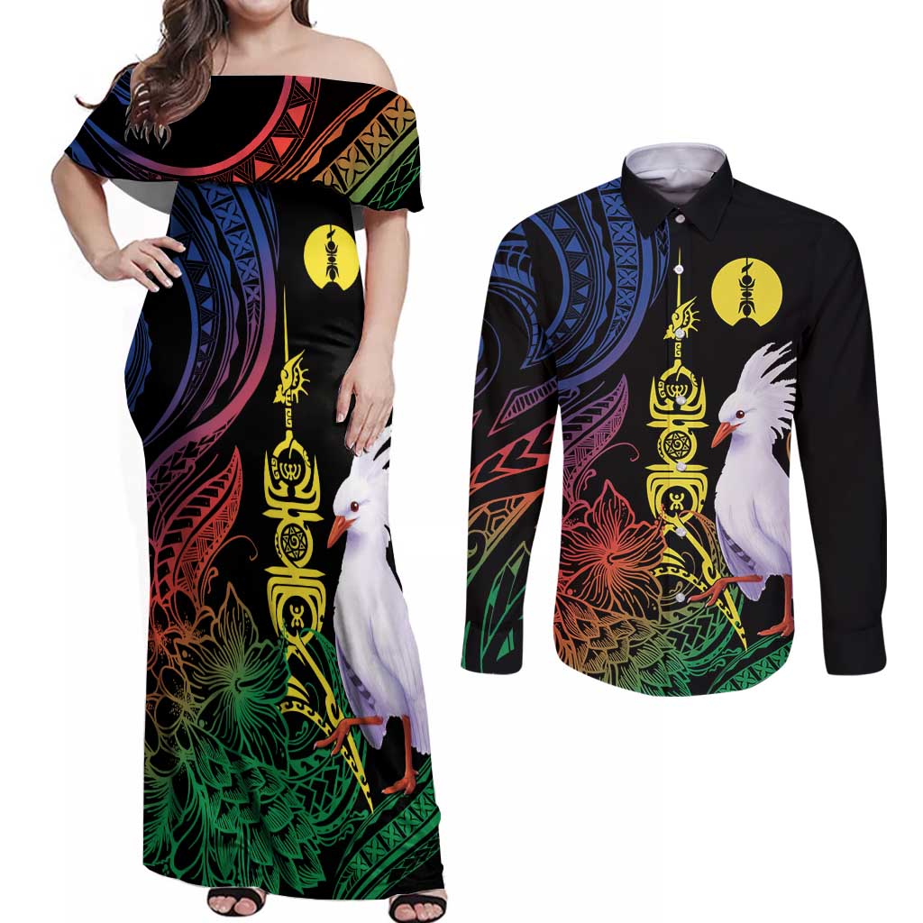 New Caledonia Kanaky Personalized Couples Matching Off Shoulder Maxi Dress and Long Sleeve Button Shirt Fleche Faitiere Mix Kagu LT7 Colorful - Polynesian Pride
