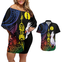 New Caledonia Kanaky Personalized Couples Matching Off Shoulder Short Dress and Hawaiian Shirt Fleche Faitiere Mix Kagu LT7 Colorful - Polynesian Pride
