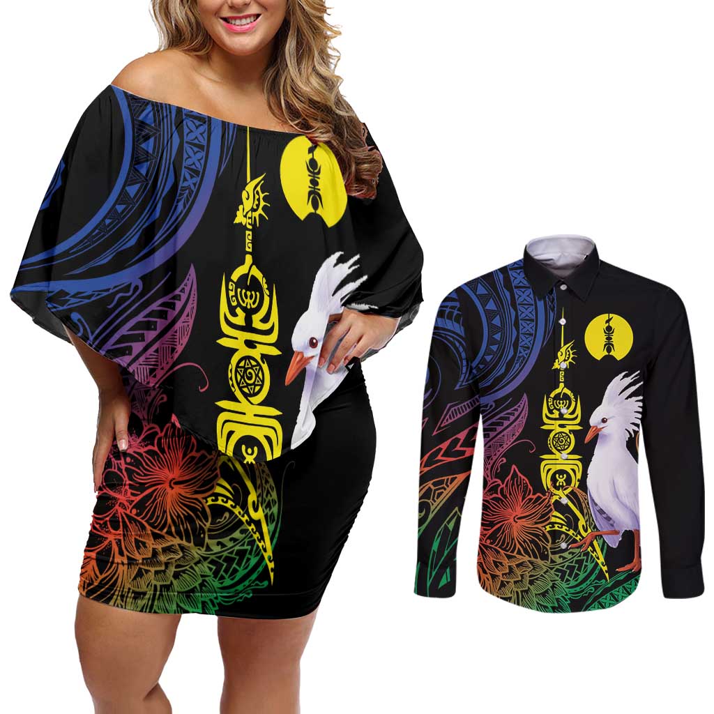 New Caledonia Kanaky Personalized Couples Matching Off Shoulder Short Dress and Long Sleeve Button Shirt Fleche Faitiere Mix Kagu LT7 Colorful - Polynesian Pride