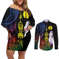 New Caledonia Kanaky Personalized Couples Matching Off Shoulder Short Dress and Long Sleeve Button Shirt Fleche Faitiere Mix Kagu LT7 Colorful - Polynesian Pride