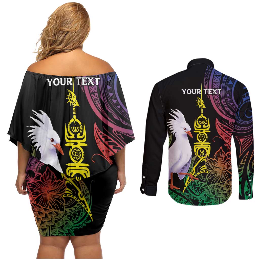 New Caledonia Kanaky Personalized Couples Matching Off Shoulder Short Dress and Long Sleeve Button Shirt Fleche Faitiere Mix Kagu LT7 - Polynesian Pride