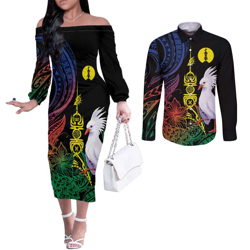 New Caledonia Kanaky Personalized Couples Matching Off The Shoulder Long Sleeve Dress and Long Sleeve Button Shirt Fleche Faitiere Mix Kagu LT7 Colorful - Polynesian Pride