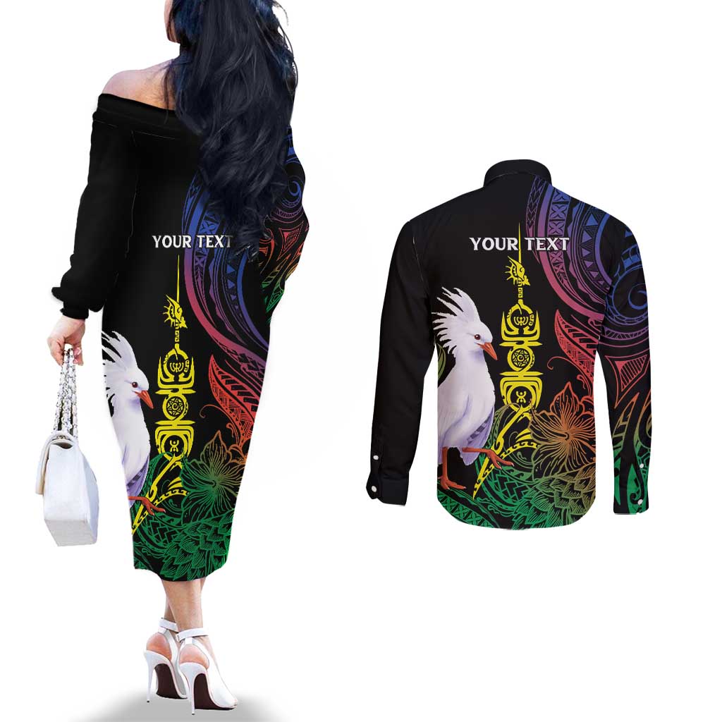 New Caledonia Kanaky Personalized Couples Matching Off The Shoulder Long Sleeve Dress and Long Sleeve Button Shirt Fleche Faitiere Mix Kagu LT7 - Polynesian Pride