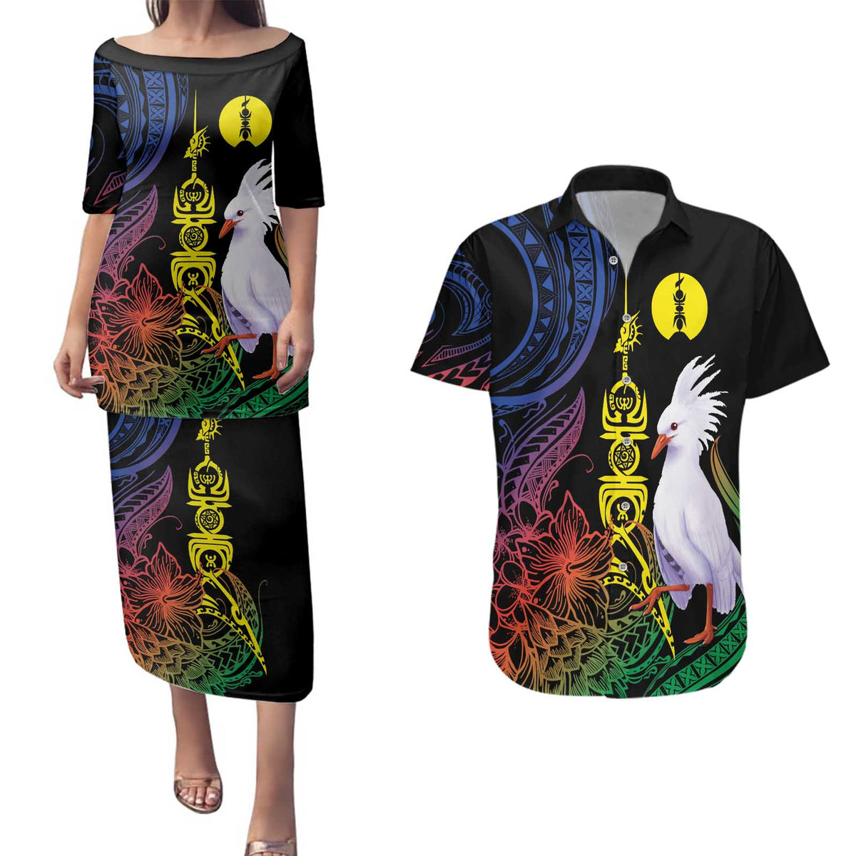 New Caledonia Kanaky Personalized Couples Matching Puletasi and Hawaiian Shirt Fleche Faitiere Mix Kagu LT7 Colorful - Polynesian Pride