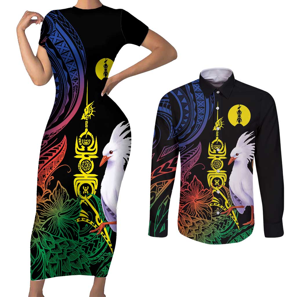 New Caledonia Kanaky Personalized Couples Matching Short Sleeve Bodycon Dress and Long Sleeve Button Shirt Fleche Faitiere Mix Kagu LT7 Colorful - Polynesian Pride