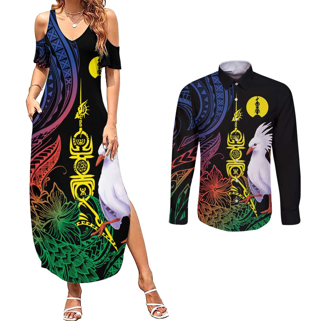 New Caledonia Kanaky Personalized Couples Matching Summer Maxi Dress and Long Sleeve Button Shirt Fleche Faitiere Mix Kagu LT7 Colorful - Polynesian Pride
