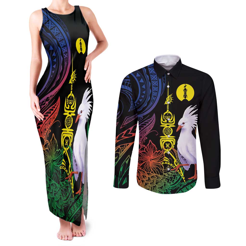 New Caledonia Kanaky Personalized Couples Matching Tank Maxi Dress and Long Sleeve Button Shirt Fleche Faitiere Mix Kagu LT7 Colorful - Polynesian Pride