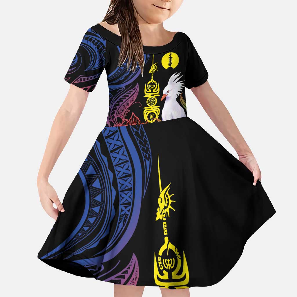 New Caledonia Kanaky Personalized Family Matching Long Sleeve Bodycon Dress and Hawaiian Shirt Fleche Faitiere Mix Kagu LT7 Daughter's Dress Colorful - Polynesian Pride