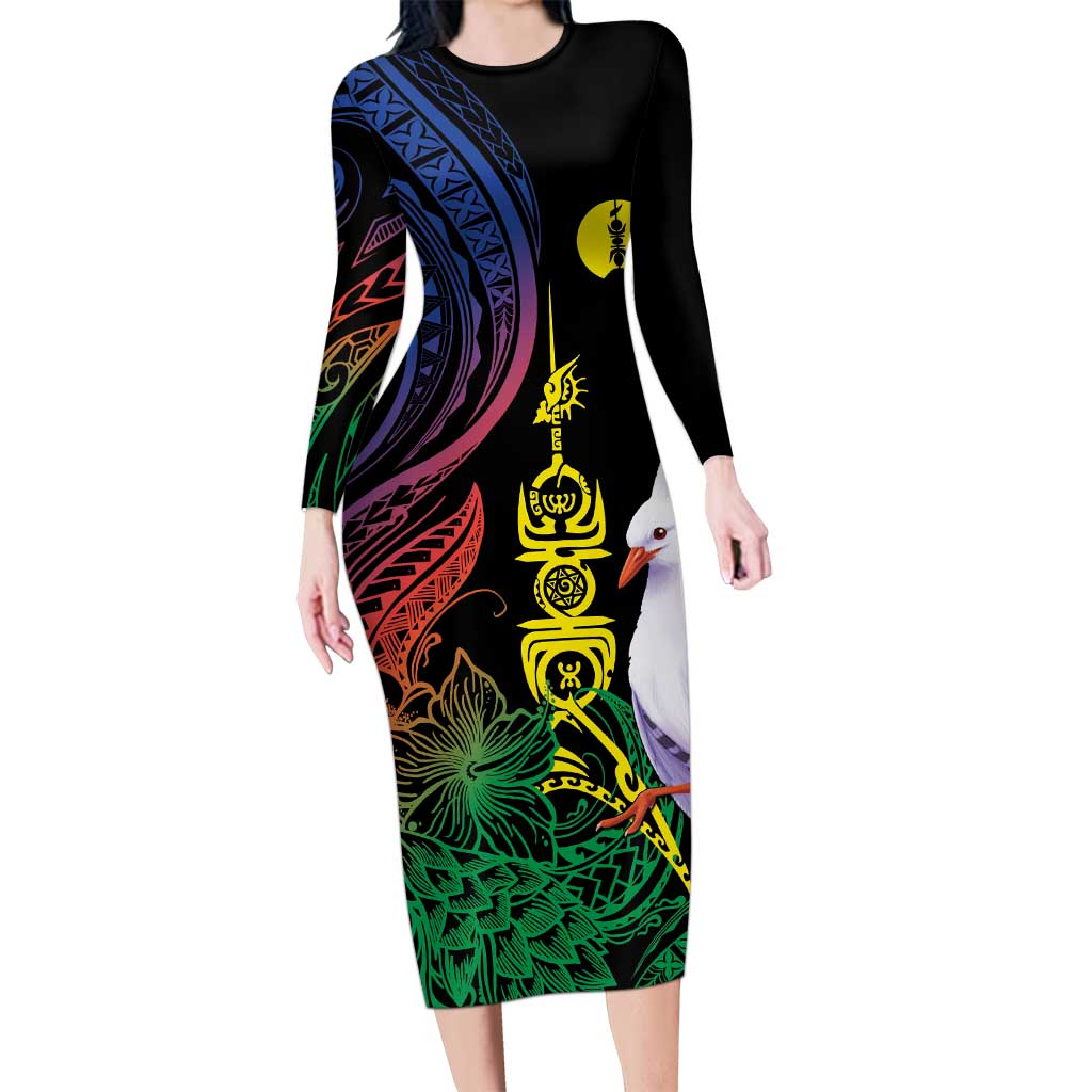 New Caledonia Kanaky Personalized Family Matching Long Sleeve Bodycon Dress and Hawaiian Shirt Fleche Faitiere Mix Kagu LT7 Mom's Dress Colorful - Polynesian Pride