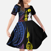 New Caledonia Kanaky Personalized Family Matching Off The Shoulder Long Sleeve Dress and Hawaiian Shirt Fleche Faitiere Mix Kagu LT7 Daughter's Dress Colorful - Polynesian Pride