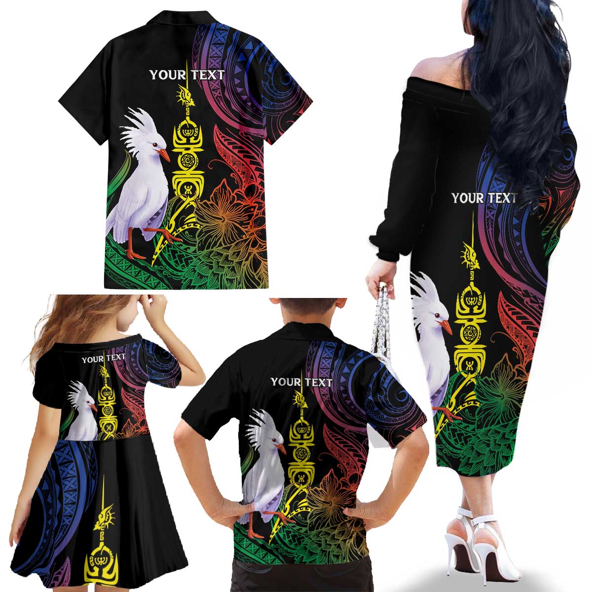 New Caledonia Kanaky Personalized Family Matching Off The Shoulder Long Sleeve Dress and Hawaiian Shirt Fleche Faitiere Mix Kagu LT7 - Polynesian Pride
