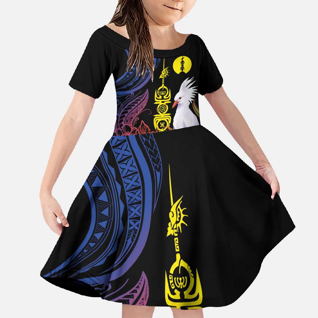New Caledonia Kanaky Personalized Family Matching Off Shoulder Maxi Dress and Hawaiian Shirt Fleche Faitiere Mix Kagu LT7 Daughter's Dress Colorful - Polynesian Pride