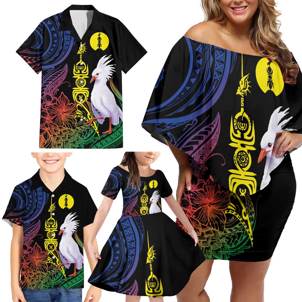 New Caledonia Kanaky Personalized Family Matching Off Shoulder Short Dress and Hawaiian Shirt Fleche Faitiere Mix Kagu LT7 - Polynesian Pride