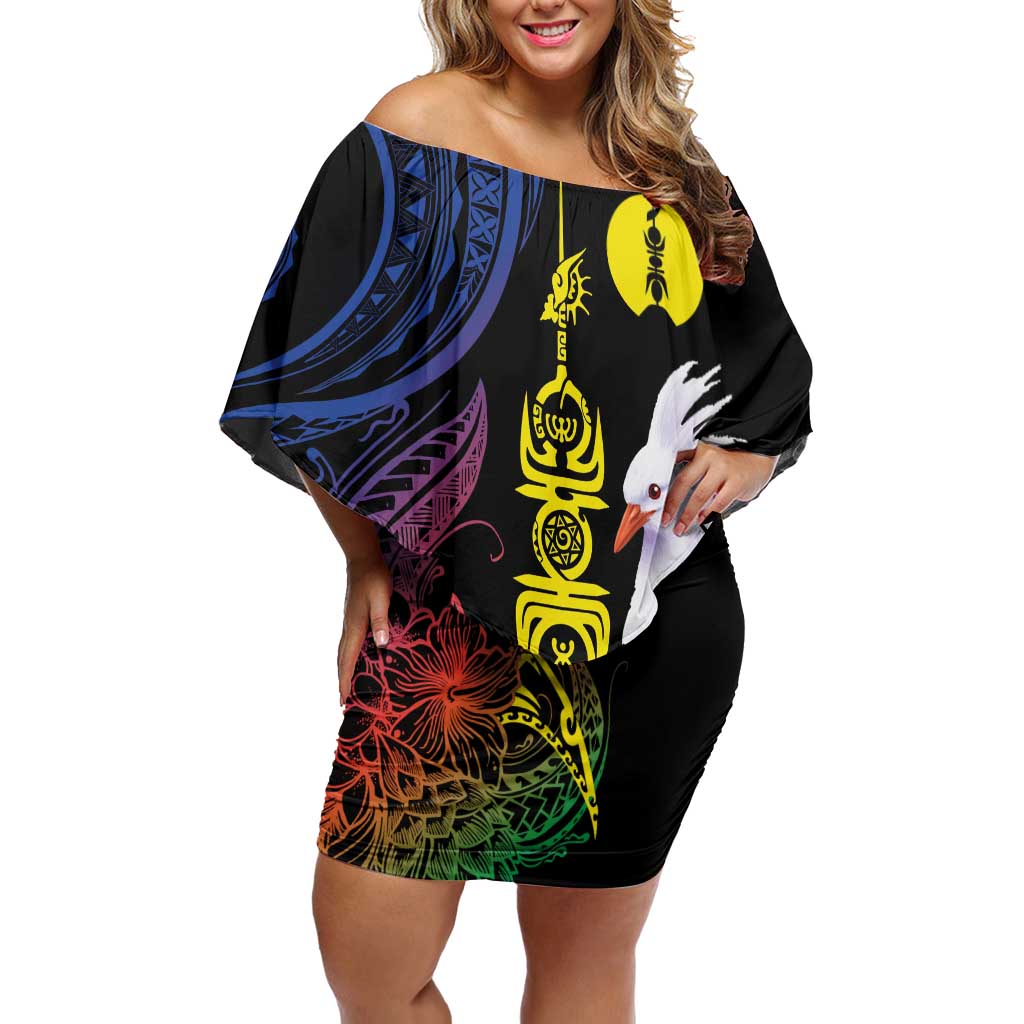 New Caledonia Kanaky Personalized Family Matching Off Shoulder Short Dress and Hawaiian Shirt Fleche Faitiere Mix Kagu LT7 Mom's Dress Colorful - Polynesian Pride