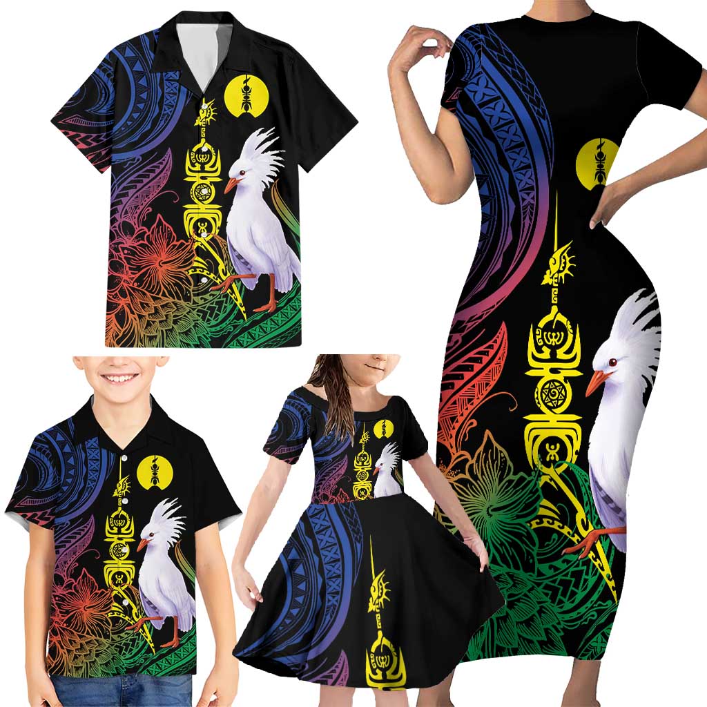 New Caledonia Kanaky Personalized Family Matching Short Sleeve Bodycon Dress and Hawaiian Shirt Fleche Faitiere Mix Kagu LT7 - Polynesian Pride