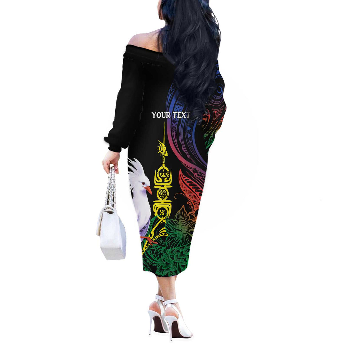 New Caledonia Kanaky Personalized Off The Shoulder Long Sleeve Dress Fleche Faitiere Mix Kagu