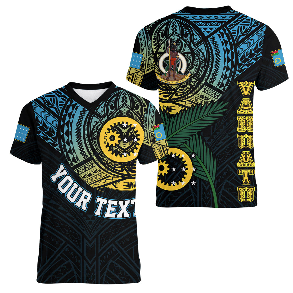 Personalised Vanuatu Women V Neck T Shirt Turtle Chest Tattoo Flag Color - Sanma LT7 Female Black - Polynesian Pride