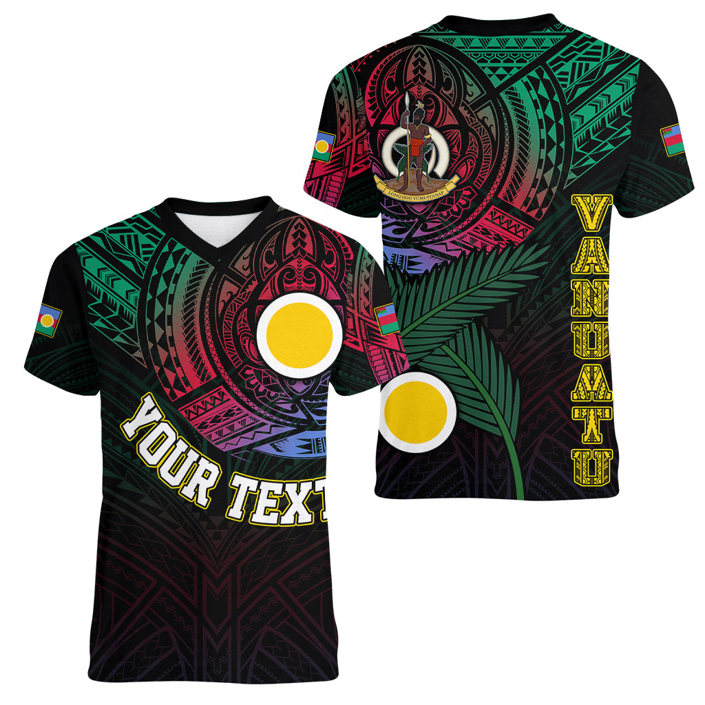 Personalised Vanuatu Women V Neck T Shirt Turtle Chest Tattoo Flag Color - Shefa LT7 Female Black - Polynesian Pride