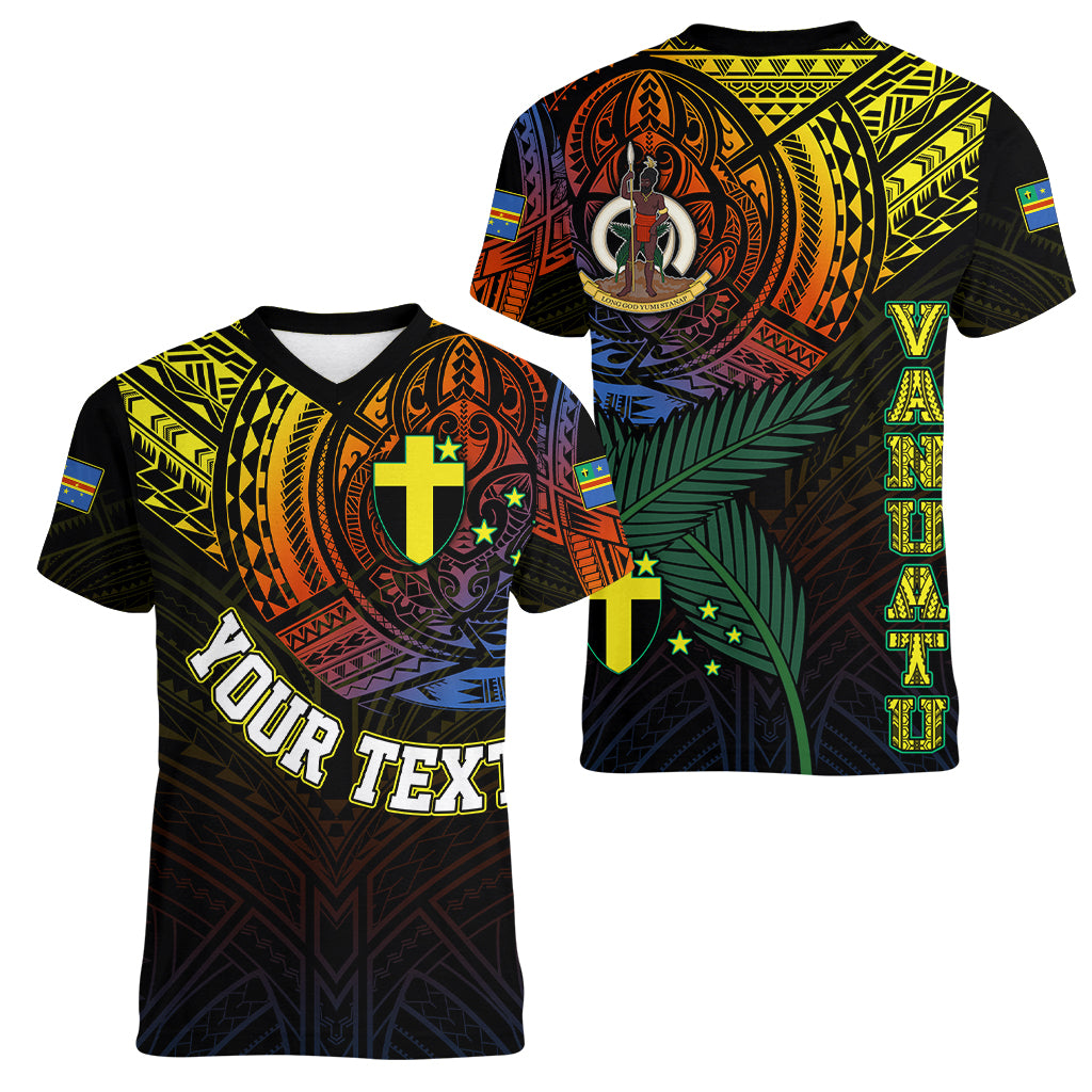 Personalised Vanuatu Women V Neck T Shirt Turtle Chest Tattoo Flag Color - Tafea LT7 Female Black - Polynesian Pride