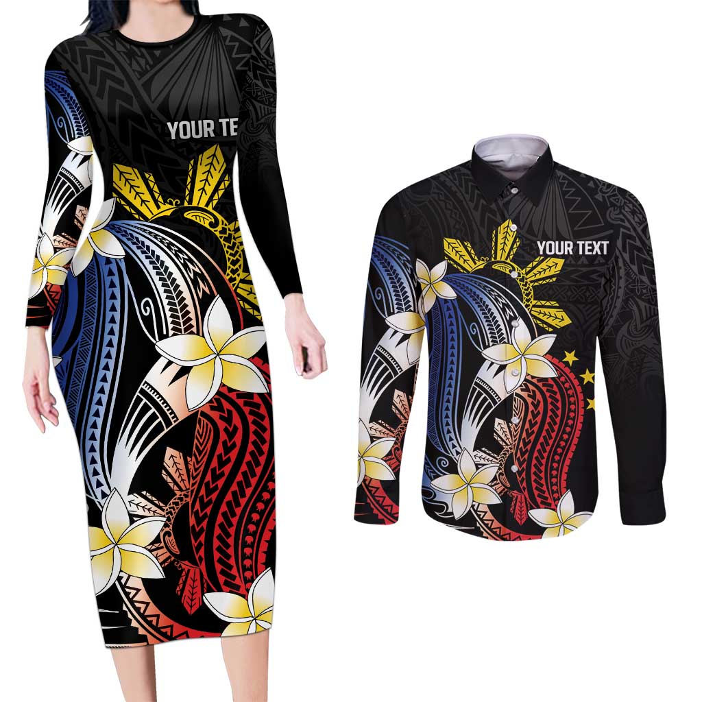 Personalized Philippines Tribal Couples Matching Long Sleeve Bodycon Dress and Long Sleeve Button Shirt Tropical Waves - Plumeria LT7 Black - Polynesian Pride