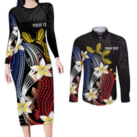 Personalized Philippines Tribal Couples Matching Long Sleeve Bodycon Dress and Long Sleeve Button Shirt Tropical Waves - Plumeria LT7 Black - Polynesian Pride