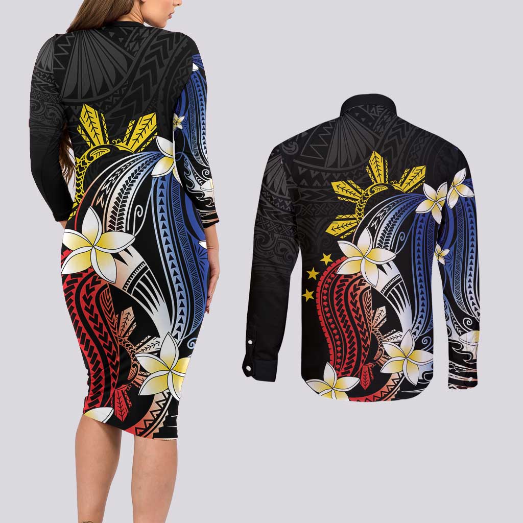 Personalized Philippines Tribal Couples Matching Long Sleeve Bodycon Dress and Long Sleeve Button Shirt Tropical Waves - Plumeria LT7 - Polynesian Pride