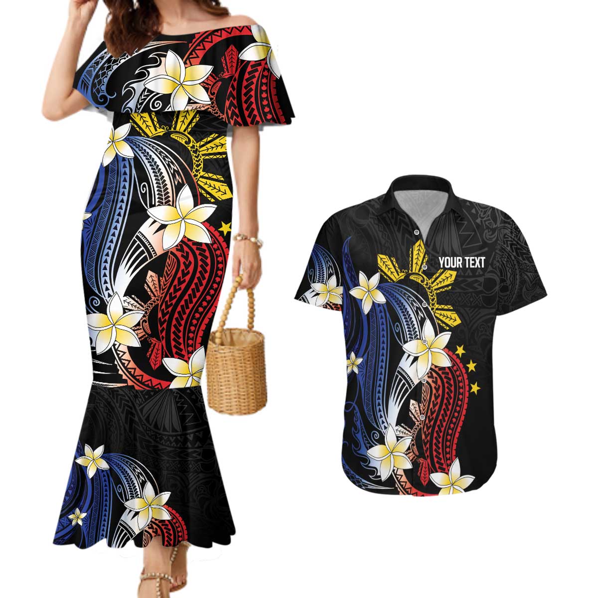 Personalized Philippines Tribal Couples Matching Mermaid Dress and Hawaiian Shirt Tropical Waves - Plumeria LT7 Black - Polynesian Pride