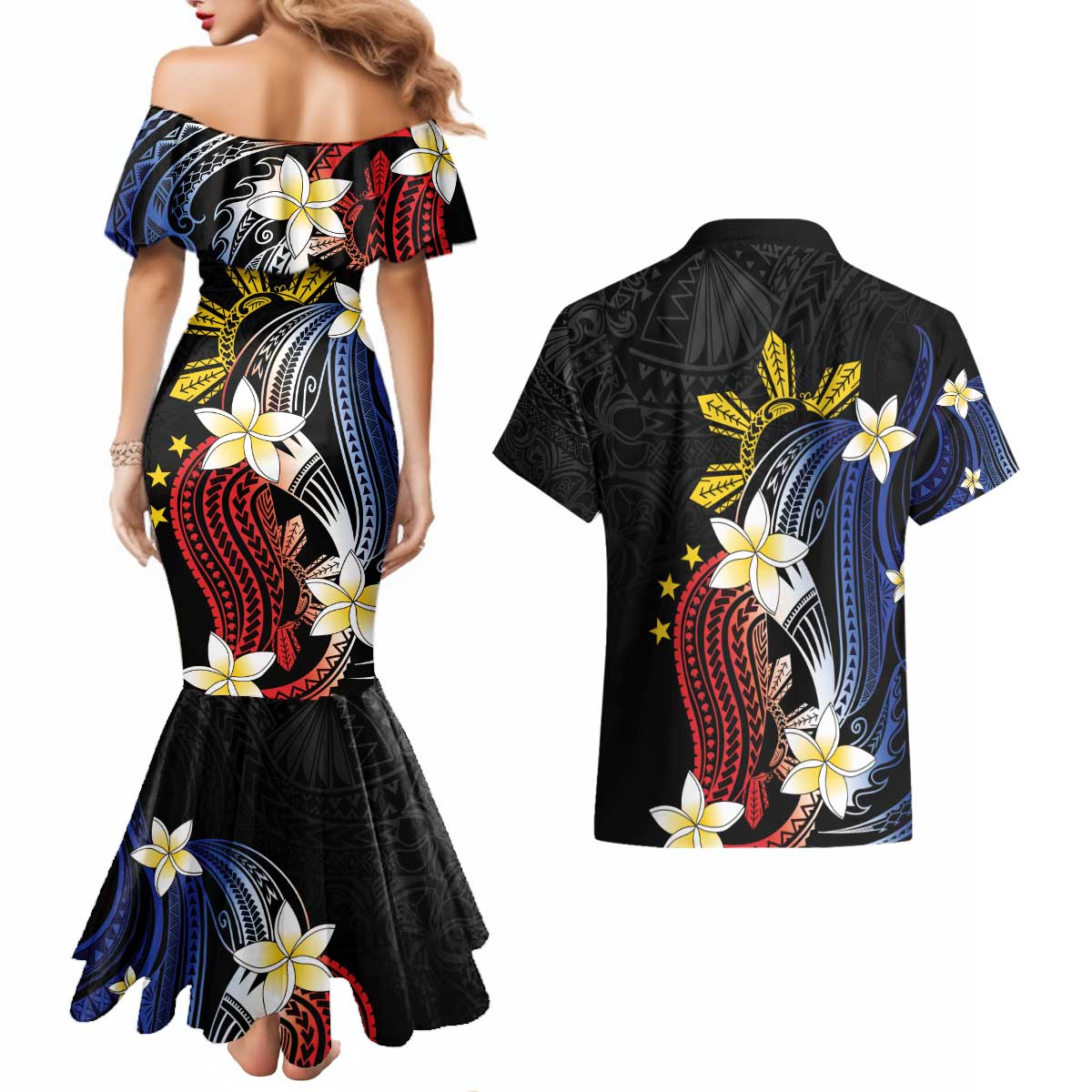 Personalized Philippines Tribal Couples Matching Mermaid Dress and Hawaiian Shirt Tropical Waves - Plumeria LT7 - Polynesian Pride