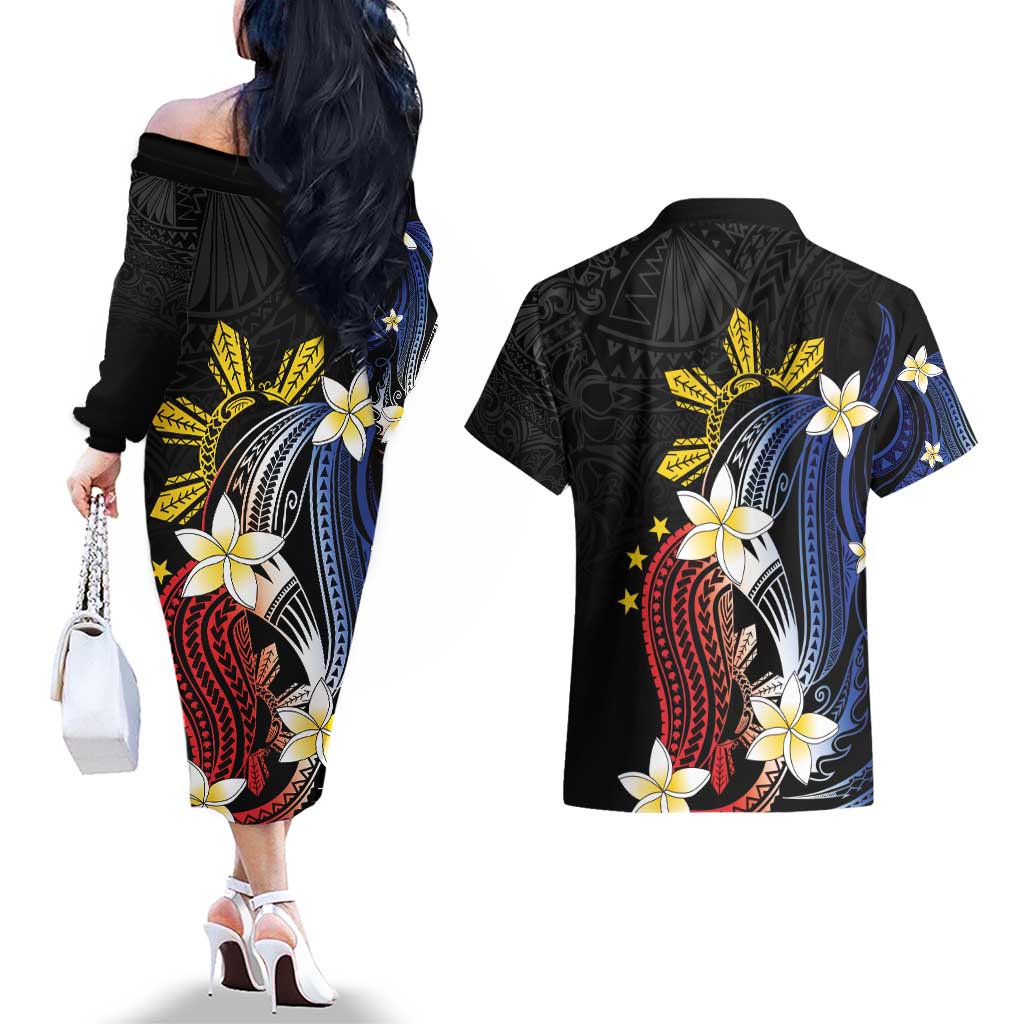Personalized Philippines Tribal Couples Matching Off The Shoulder Long Sleeve Dress and Hawaiian Shirt Tropical Waves - Plumeria LT7 - Polynesian Pride