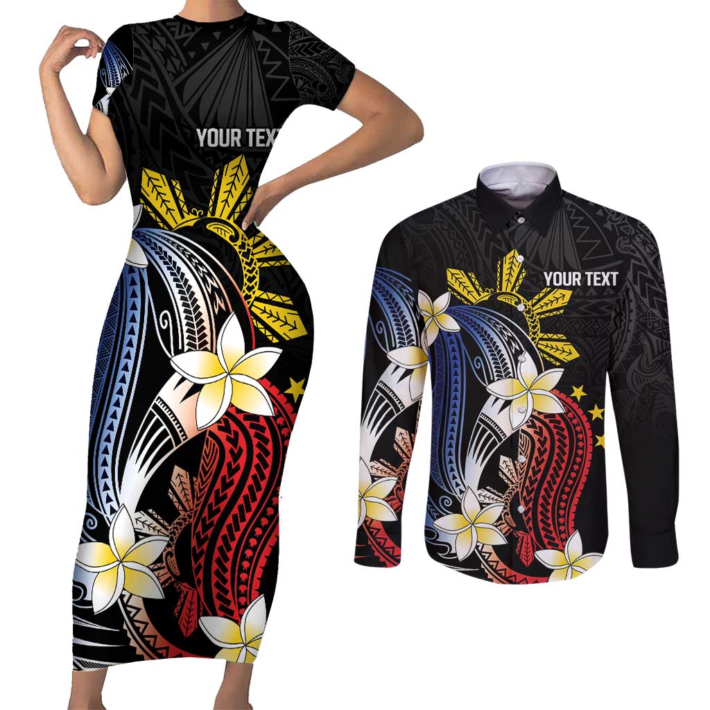 Personalized Philippines Tribal Couples Matching Short Sleeve Bodycon Dress and Long Sleeve Button Shirt Tropical Waves - Plumeria LT7 Black - Polynesian Pride